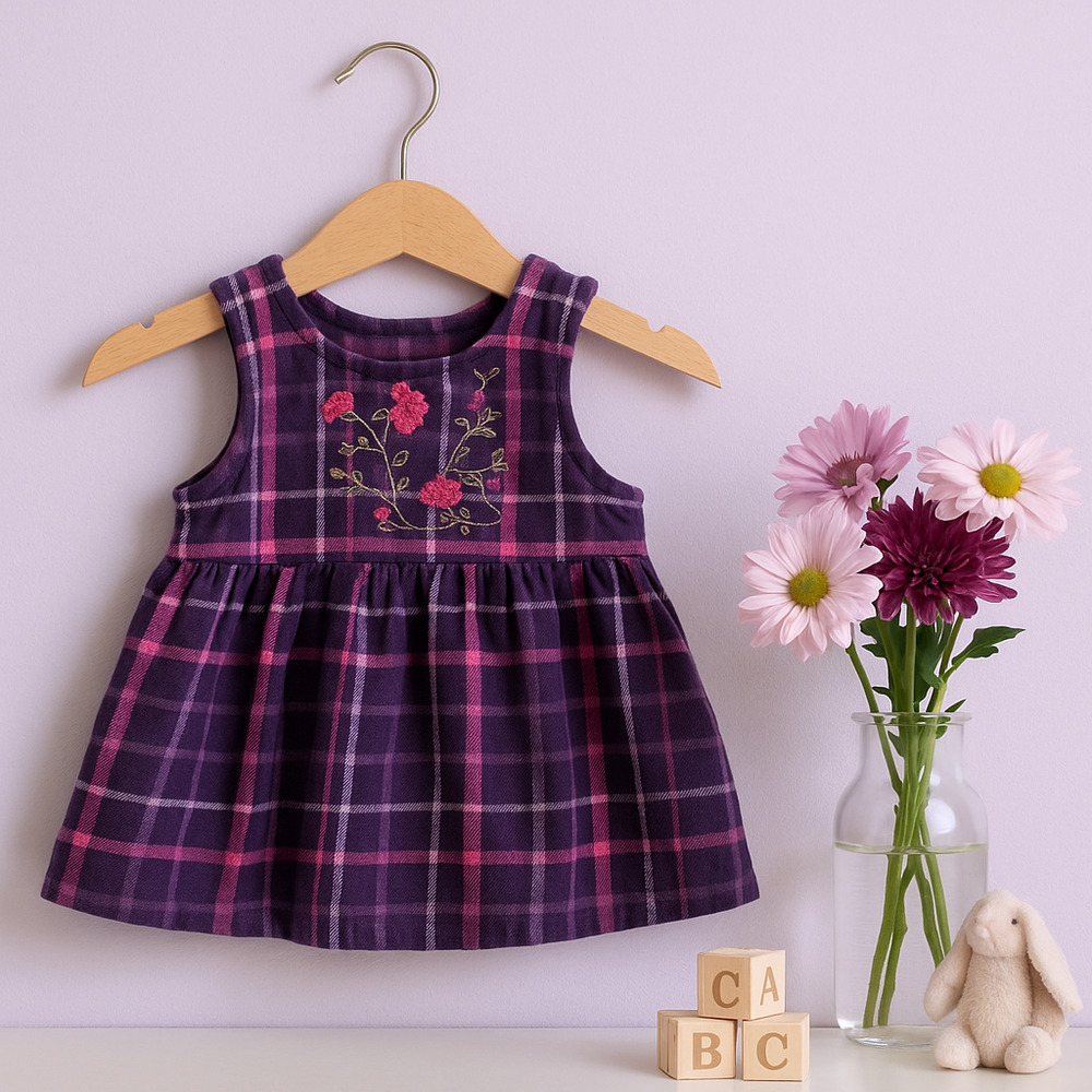 McKids Vintage 90s Baby Girl Jumper Dress | Pink Purple Plaid Floral | Size 18M